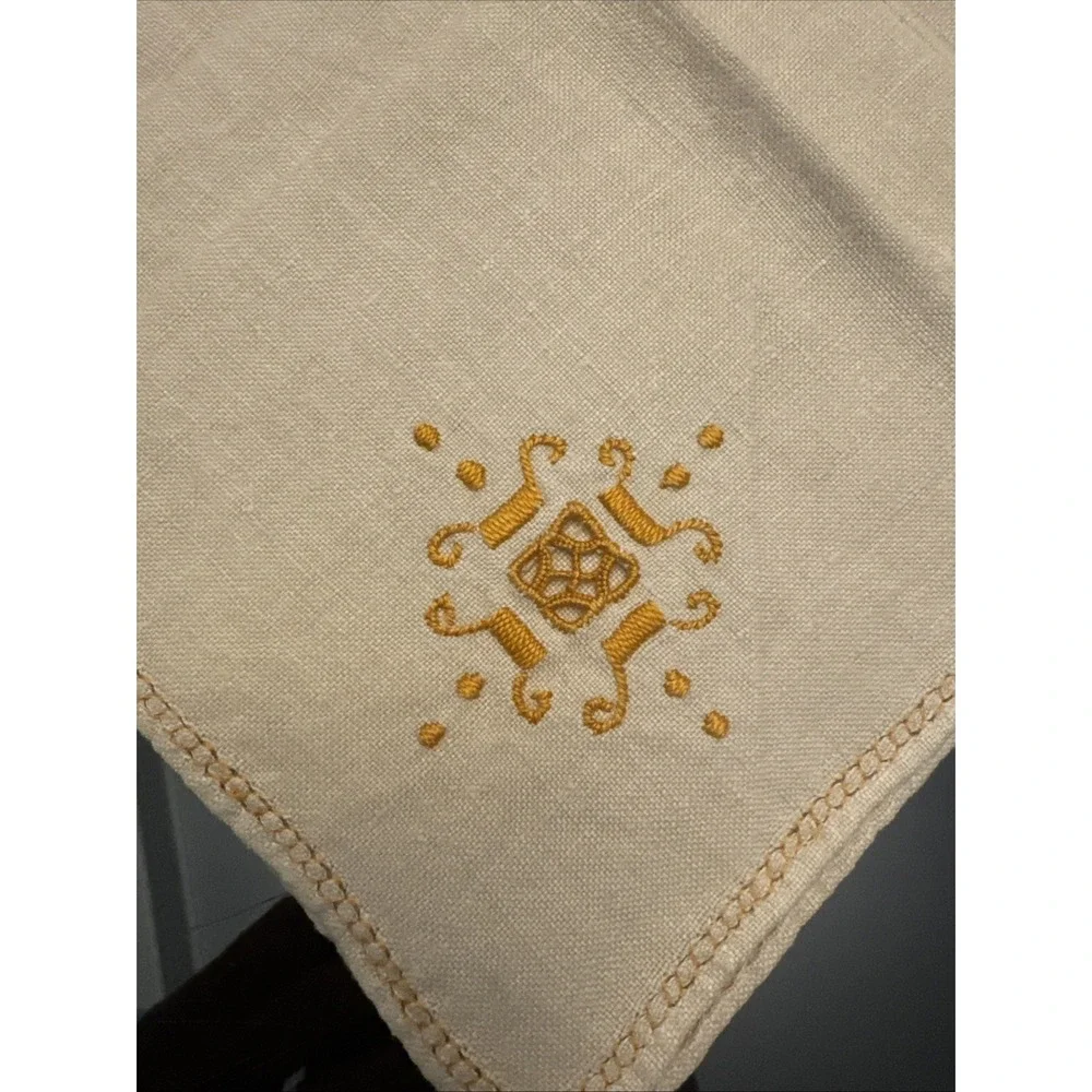 Set Of 6 Napkins Natural Beige‎ Orange Embroidered  Edges Blend Linen Fabric 10